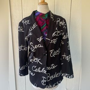 Vtg Styles To Go Black White Script Cotton Knit Blazer M Sz 6 Relax Geo 80s 90s